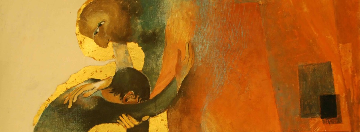 Peinture d'Arcabas — scène biblique aux tons d'or et d'ocre